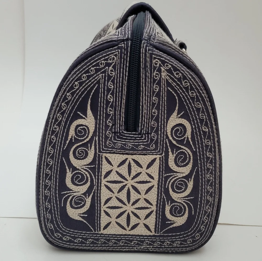 Embroidered Canvas Tote Bag in Black and Cream